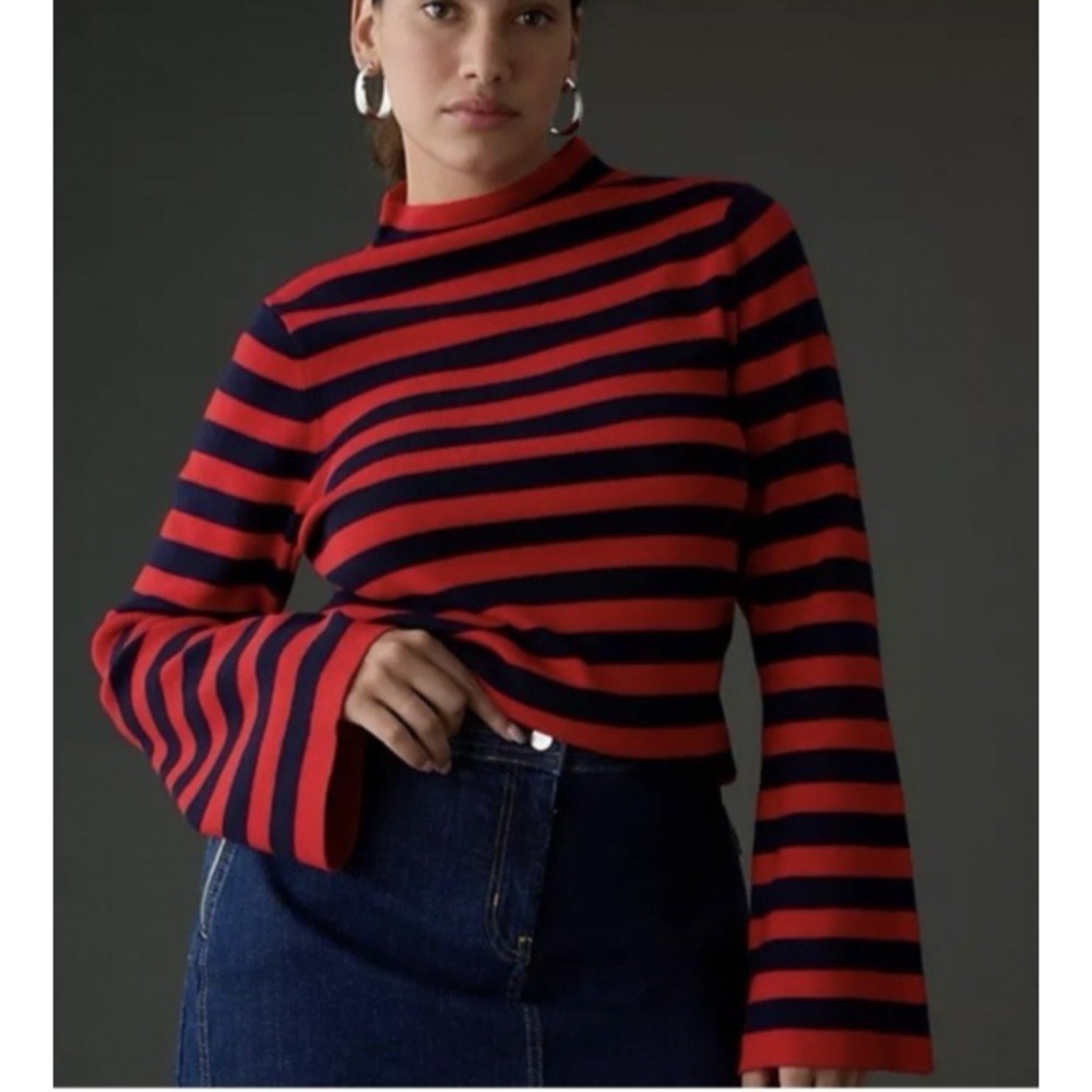 Maeve Anthropologie The Arlowe Top XS Red Blue Striped‎ Mock Neck Bell Sleeve